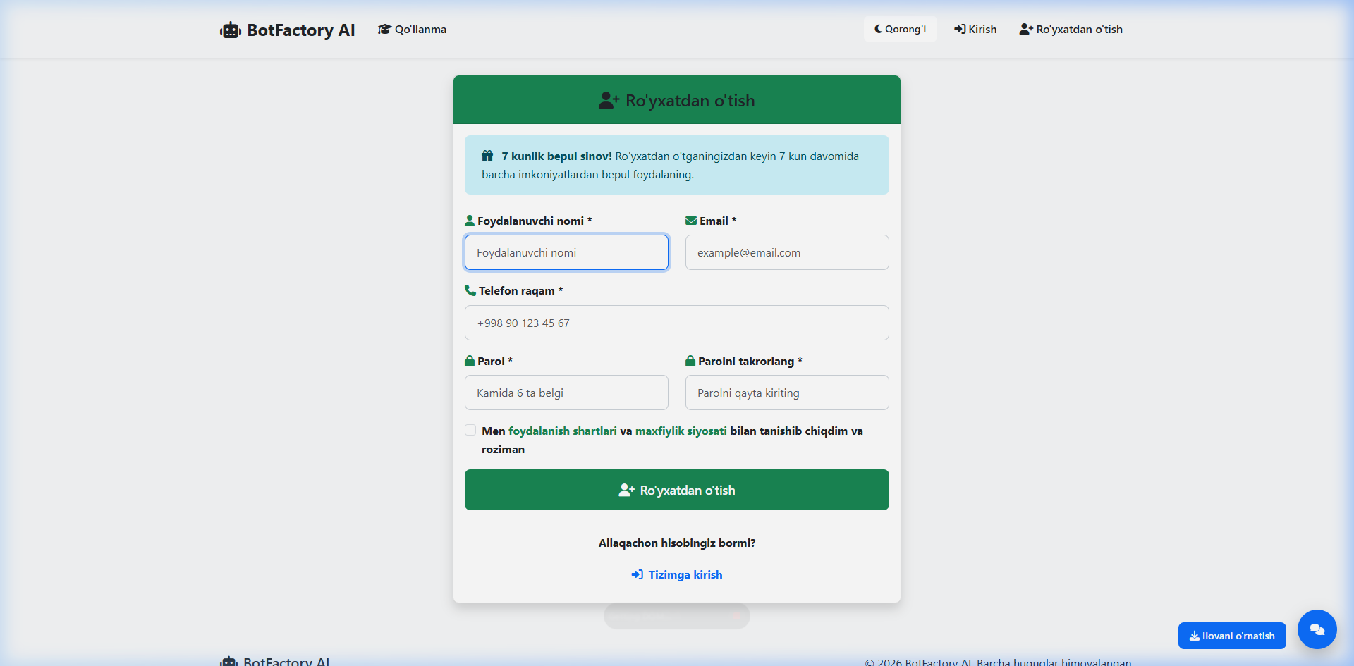 Ro'yxatdan o'tish sahifasi